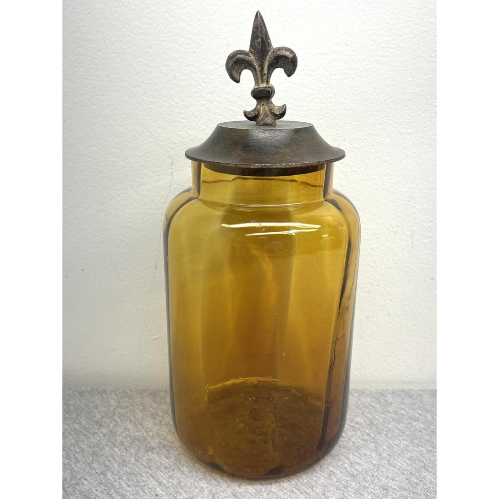 Amber Brown Glass Bottles Set 3 Fleur De Lis Lids Apothecary Canisters Unmarked - Picture 6 of 12